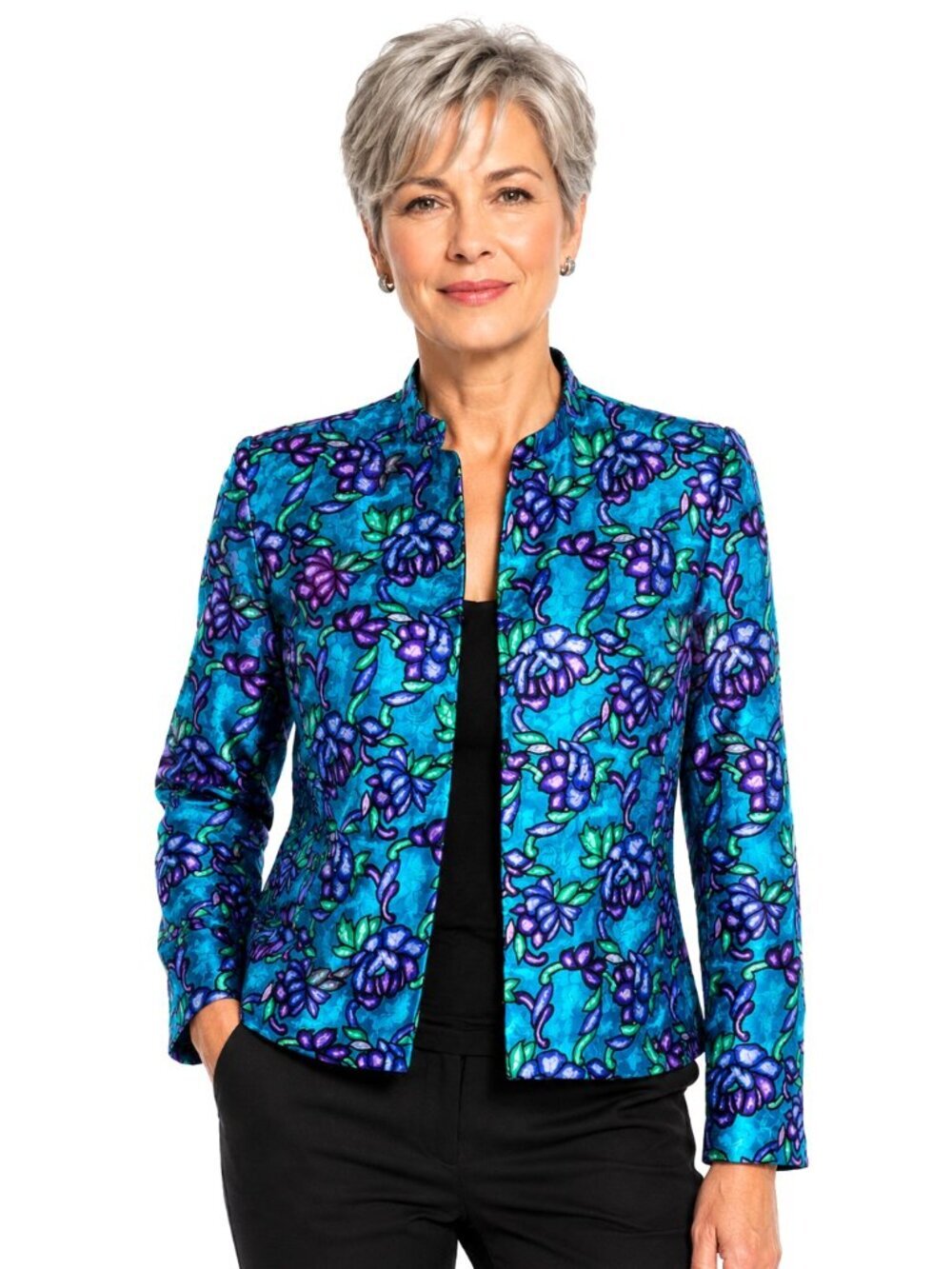 Vintage Adrianna Papell Blue Green Purple Floral Silk Jacquard Jacket
